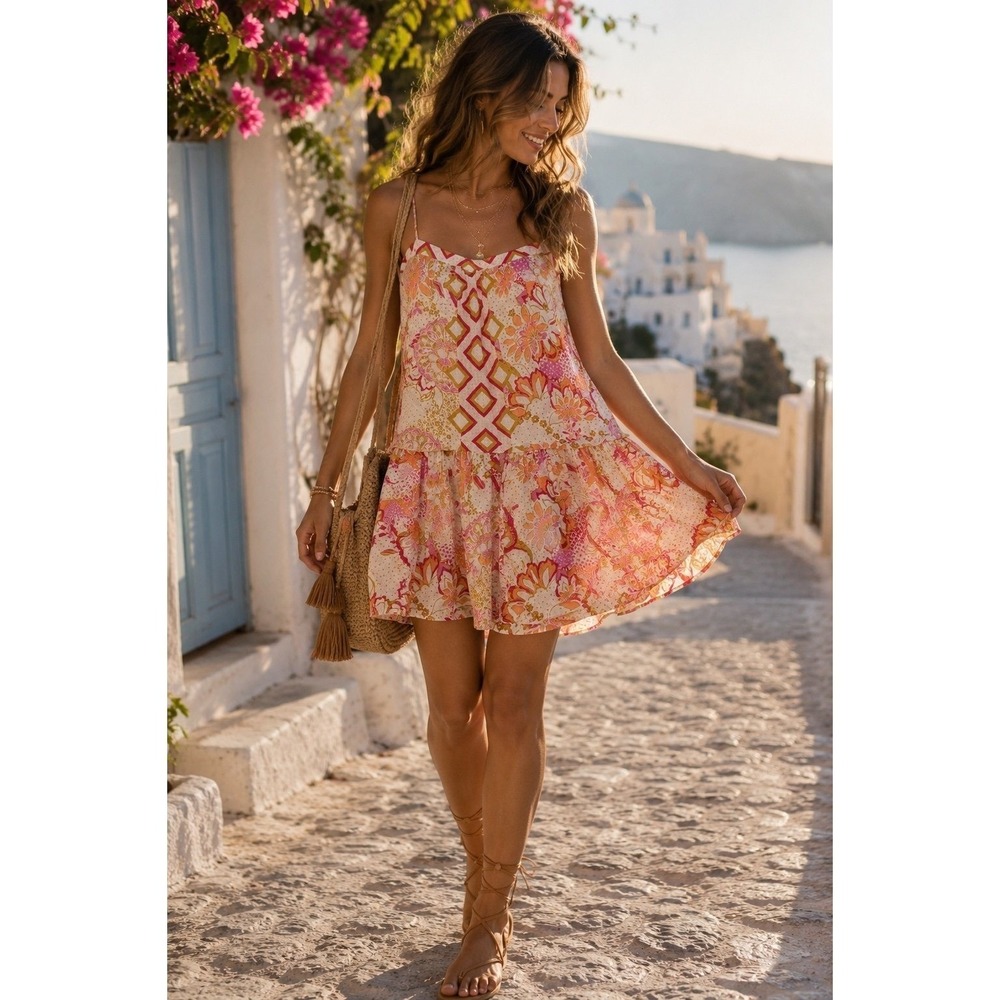 Free People Floral Boho Babydoll Mini Dress NWOT Medium Pink Viscose